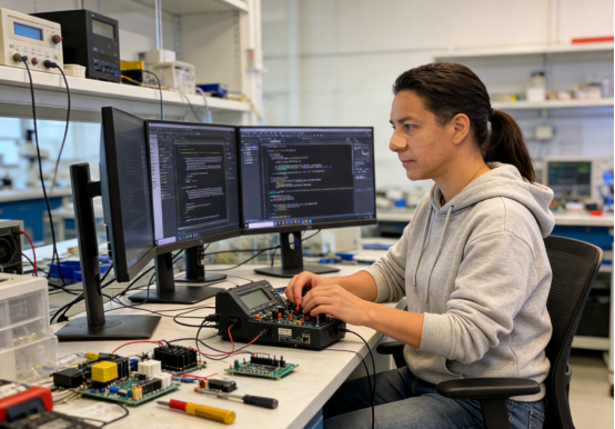 Engineer wearing nasal strips works on electronics and code in a modern lab.