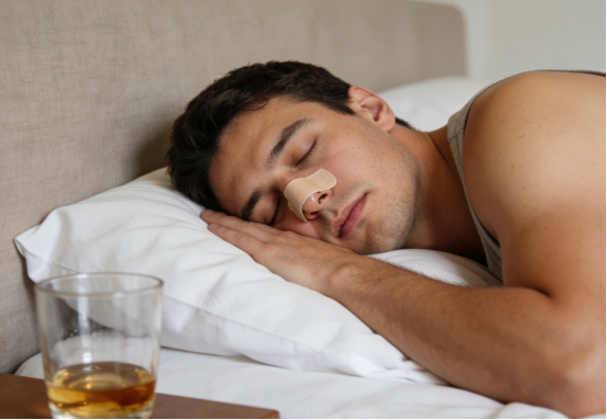 Man sleeping peacefully with nasal strips applied for better breathing, a drink on nightstand.
