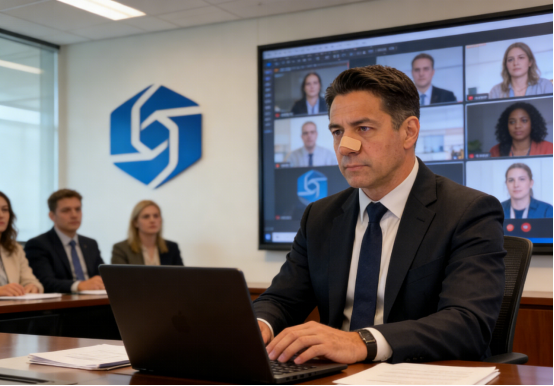 Businessman wearing nasal strips participates in a hybrid meeting from a conference room.