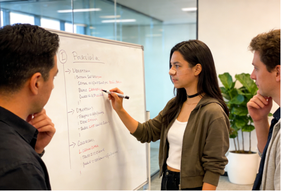Young professional with nasal strips explains concepts on a whiteboard to colleagues.